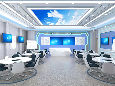 Modern School Classroom Interior With Digital Screens And Ergonomic Student Desks 3d model