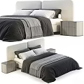 Modern Double Bed Design With White Gray Bedding And Wooden Nightstand