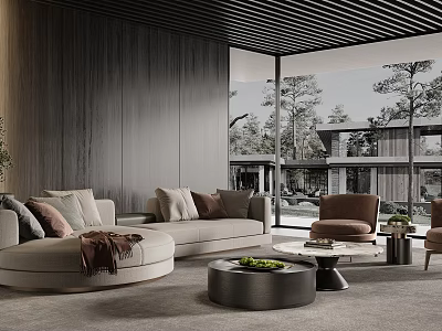 Modern Curved Sofa Coffee Table Set In Living Room With Cushions Armchair And Wooden Wall 3d model