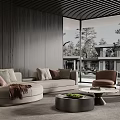 Modern Curved Sofa Coffee Table Set In Living Room With Cushions Armchair And Wooden Wall
