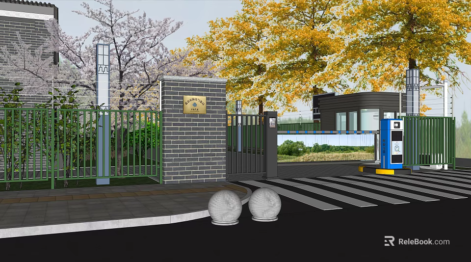 Brick Wall Entrance Gate With Metal Fence Golden Plaque And Cherry Blossom Ginkgo Trees 3d model 