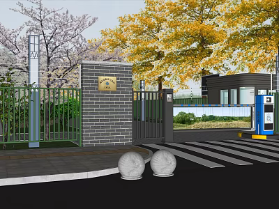 Brick Wall Entrance Gate With Metal Fence Golden Plaque And Cherry Blossom Ginkgo Trees 3d model