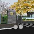 Brick Wall Entrance Gate With Metal Fence Golden Plaque And Cherry Blossom Ginkgo Trees
