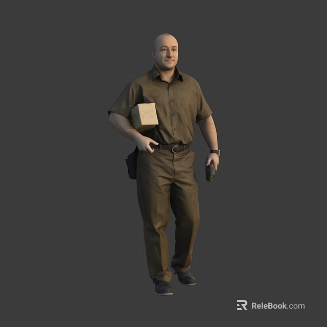 Man Wearing Brown Shirt And Pants Holding Small Box With Waist Pouch Standing 3d model 