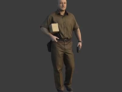 Man Wearing Brown Shirt And Pants Holding Small Box With Waist Pouch Standing 3d model