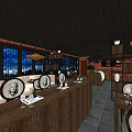 Traditional Chinese Restaurant Interior With Wooden Structure Lanterns And Blue Patterned Windows 3d model