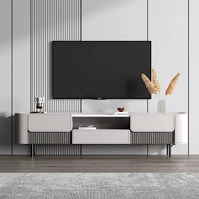 Modern TV Stand With Sleek Design Drawers And Dried Pampas Grass On Striped Wall 3d model