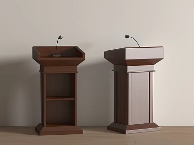 Two Different Design Wooden Podiums With Microphone And Storage Shelf 3d model