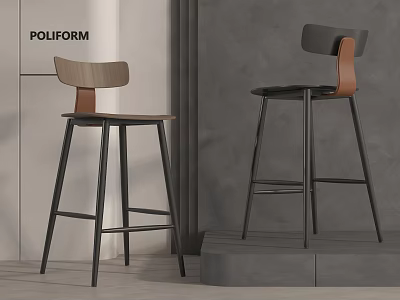 Modern Design Bar Stools With Wooden Backrest Black Metal Frame And Brown Accent Details 3d model
