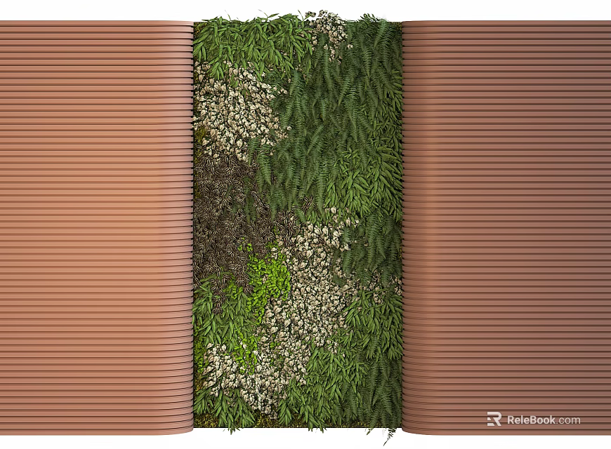 Green Plant Wall Design With Various Green Plants White Small Flowers And Brown Corrugated Walls 3d model 