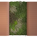 Green Plant Wall Design With Various Green Plants White Small Flowers And Brown Corrugated Walls