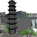 Traditional Modern Homestay Building Featuring Black Roof Open Courtyard Green Plants And Pagoda