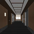 Modern Elevator Hallway Featuring Wooden Walls Stone Flooring Linear Light Strips Elevator Doors And Windows 3d model