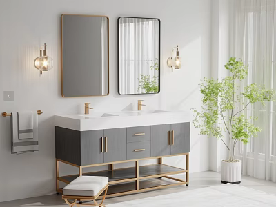 Modern Bathroom Vanity Cabinet With Gray Golden Design Double Mirrors Wall Lamps And Potted Plant 3d model