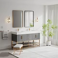 Modern Bathroom Vanity Cabinet With Gray Golden Design Double Mirrors Wall Lamps And Potted Plant