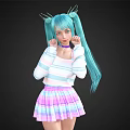 Woman with Teal Hair Wearing Striped Sweater and Plaid Pleated Skirt with Striped Socks