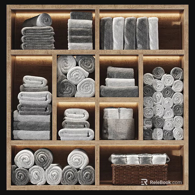 Soft Gray Cotton Towels Rolled And Stacked On Organized Wooden Shelf 3d model 