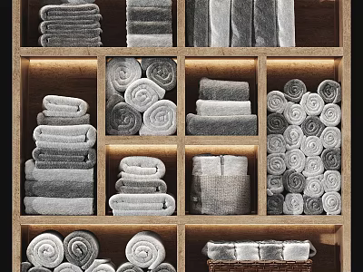 Soft Gray Cotton Towels Rolled And Stacked On Organized Wooden Shelf 3d model