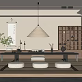 Traditional Japanese Tea Room With Tatami Floor Wooden Table Hanging Lamp And Bookshelf