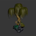 Cartoon Willow Tree Scene Featuring Brown Trunk Green Hanging Leaves Rock Base And Yellow Flowers