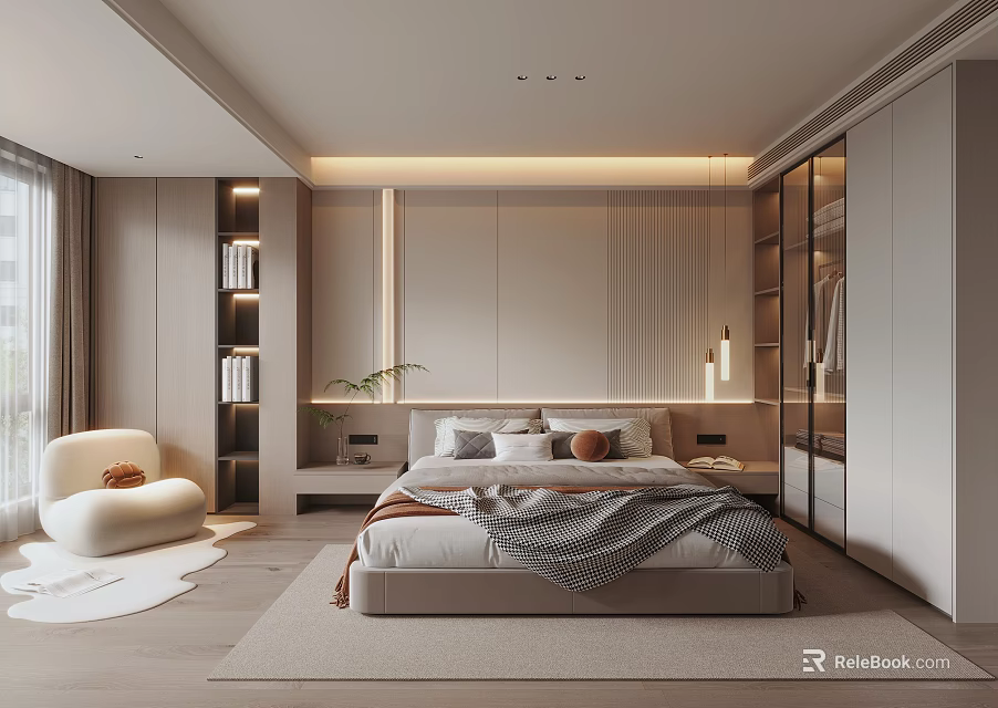 Modern Bedroom Interior Design With Platform Bed Built-in Wardrobe Bookshelf Accent Chair And Rug 3d model 