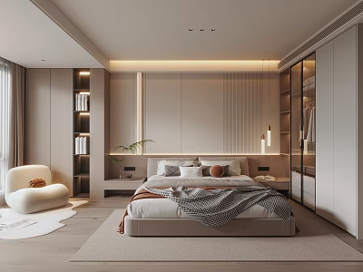 Modern Bedroom Interior Design With Platform Bed Built-in Wardrobe Bookshelf Accent Chair And Rug 3d model