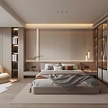 Modern Bedroom Interior Design With Platform Bed Built-in Wardrobe Bookshelf Accent Chair And Rug