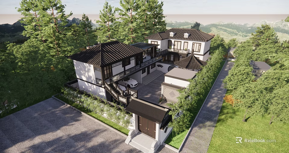 Traditional Chinese Ancient Architecture With Sloped Tile Roof White Walls Courtyard And Surrounding Trees 3d model 