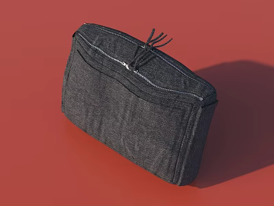 Dark Gray Denim Fabric Storage Bag With Zipper Closure And Drawstring Top On Red Background 3d model