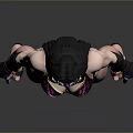 Muscular Woman In Purple Black Bodysuit With Headpiece Long Gloves High Heels And Gray Background