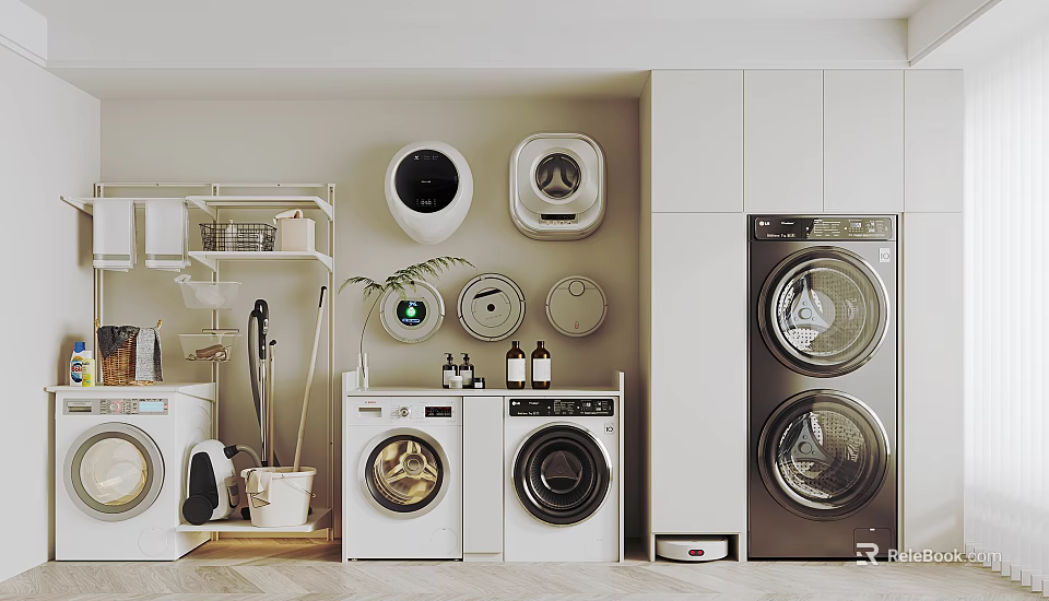 Functional Bathroom Cabinet Rack With Wall Mounted Devices And Laundry Appliances 3d model 