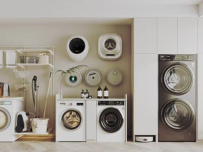 Functional Bathroom Cabinet Rack With Wall Mounted Devices And Laundry Appliances 3d model