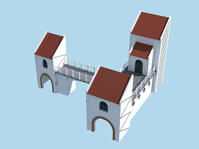 White Traditional Buildings With Red Roofs And Connecting Walkway Structure 3d model