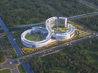 Modern Circular Office Building With Connected Structure Central Green Courtyard Surrounding Roads And Trees 3d model