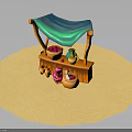 Wooden Market Stall With Blue Canopy Clay Pots Green Jug And Sandy Ground