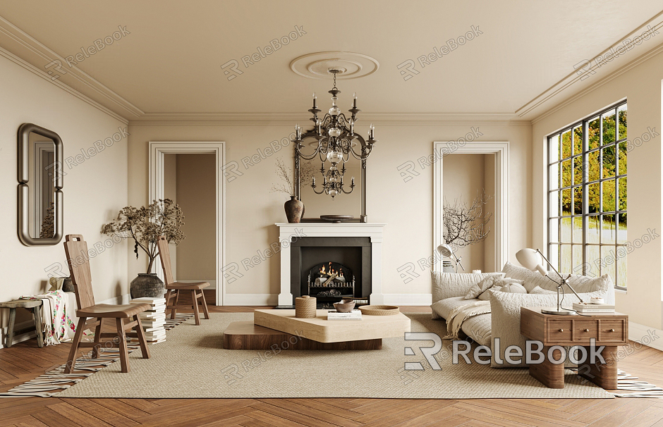 Quiet living room home living room multi-person sofa wooden leisure chair coffee table combination chandelier fireplace combination model