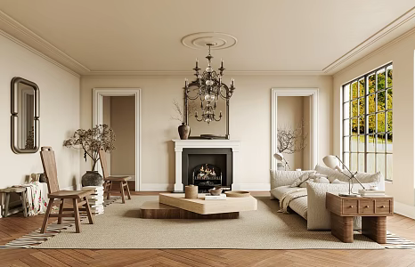 Quiet living room home living room multi-person sofa wooden leisure chair coffee table combination chandelier fireplace combination 3d model