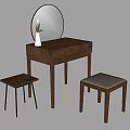 Wooden Dressing Table With Round Mirror Vase Flower And Two Stools