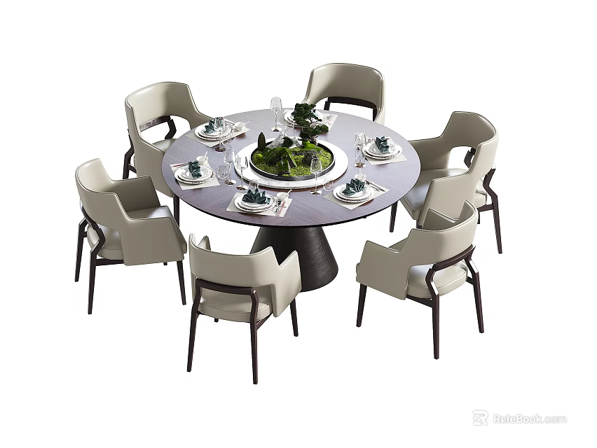 Modern Round Dining Table and Six Chairs Set with Tableware and Green Plant 3d model