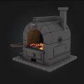 Traditional Stone Stove With Arched Opening Burning Flames And Chimney Base