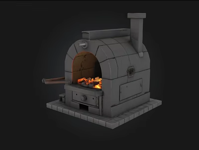 Traditional Stone Stove With Arched Opening Burning Flames And Chimney Base 3d model
