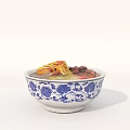 Delicious Noodle Soup in Blue and White Patterned Bowl with Meat and Vegetables