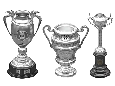 Vintage Trophies Featuring Ornate Handles Engraved Details And Black Bases 3d model