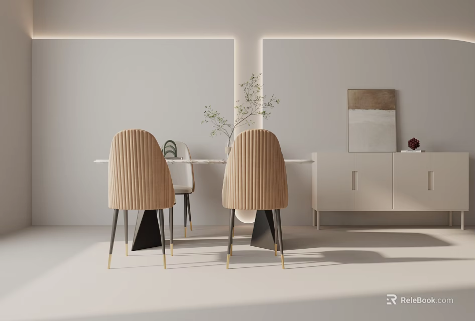 Modern Minimalist Dining Table Set With Beige Textured Chairs And White Tabletop 3d model