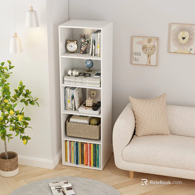 White Multi tiered Bookshelf with Decorative Items Books Globe Basket Sofa Pillow and Wall Art 3d model 