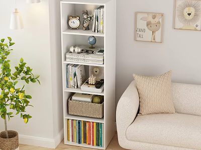 White Multi tiered Bookshelf with Decorative Items Books Globe Basket Sofa Pillow and Wall Art 3d model