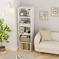 White Multi tiered Bookshelf with Decorative Items Books Globe Basket Sofa Pillow and Wall Art