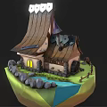 Cartoon Scene Of Floating Island With Quirky House Tilted Roof Watermill And Wooden Fence