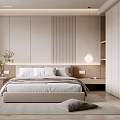 Modern Bedroom Interior Design With Platform Bed Striped Wall And Built In Wardrobe