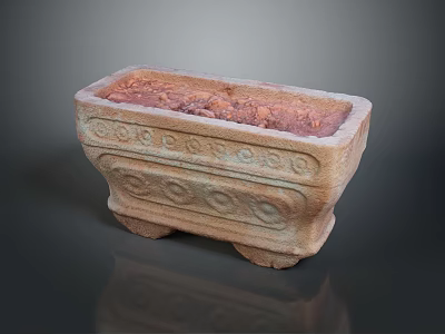 Stone Rectangular Planter With Carved Patterns And Four Feet For Home Decor 3d model